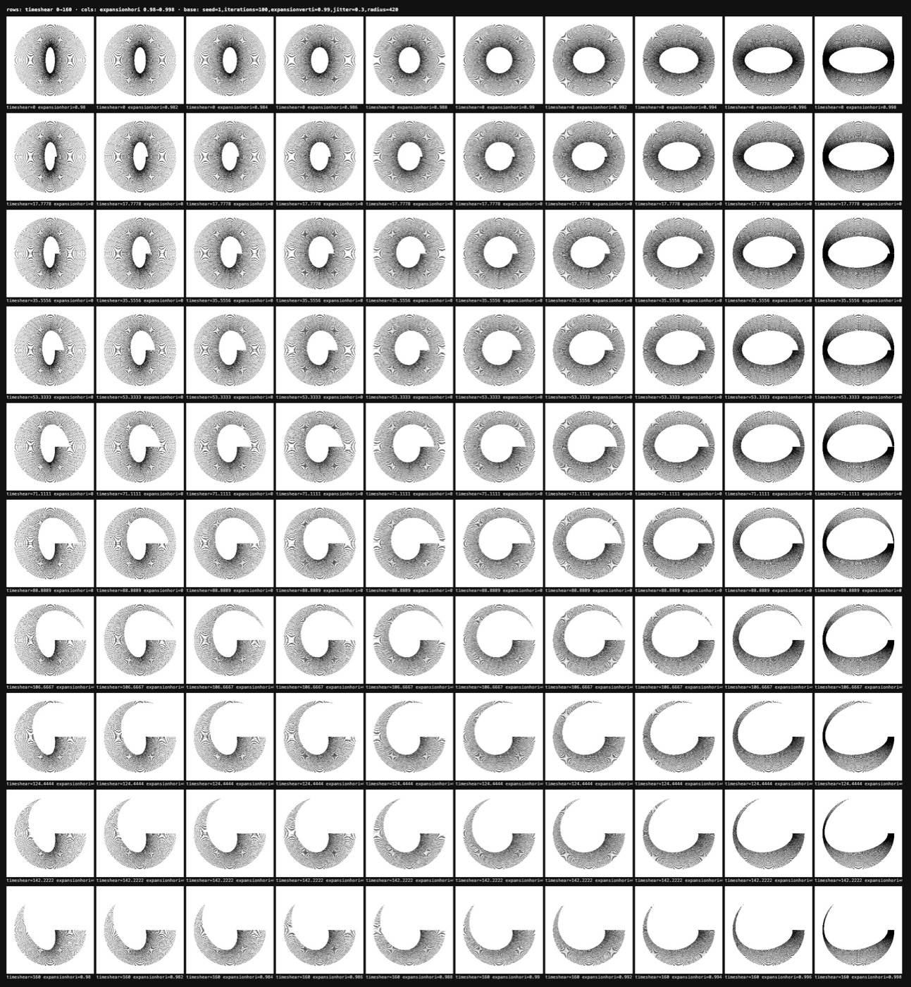 A grid where rings open into crescents and spirals as the delay grows