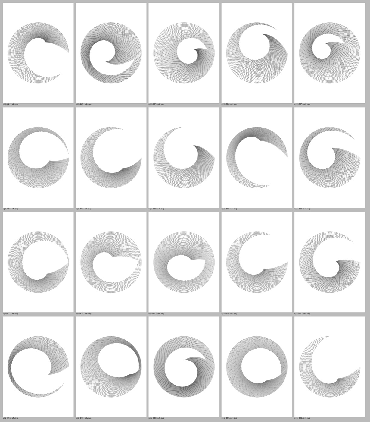 Twenty open circular drawings on A4 sheets