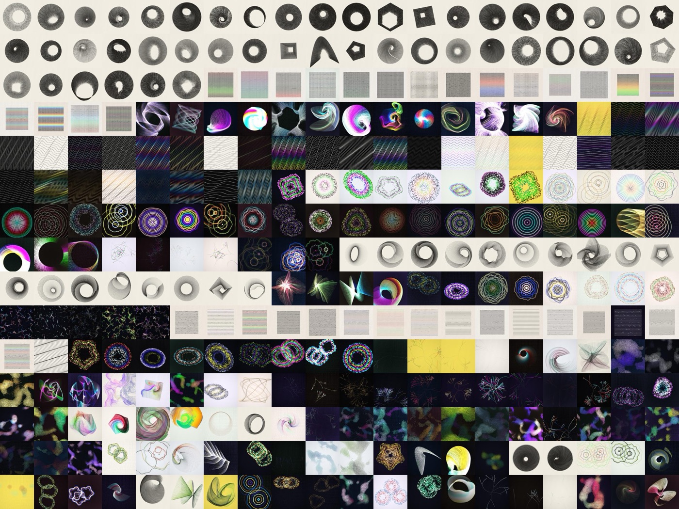 The same 300 numbers after: grids, waves, rings, flocks, branches, stars