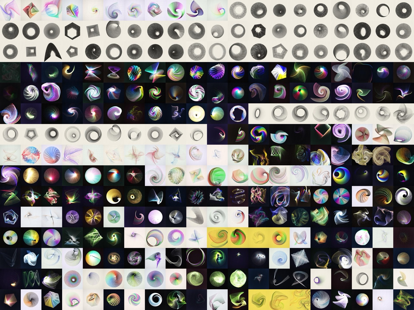 300 designs before: centred vortices and spirals