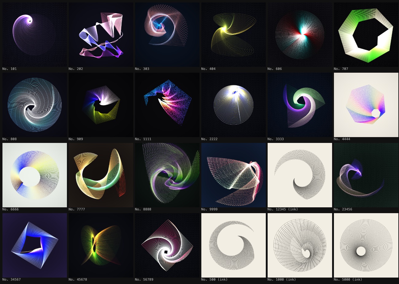 Twenty-four designs from the collection: glowing colour pieces on dark grounds and ink spirals on paper