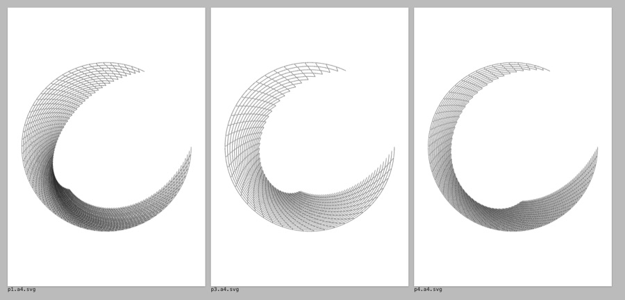 Three sparse spiral drawings on A4